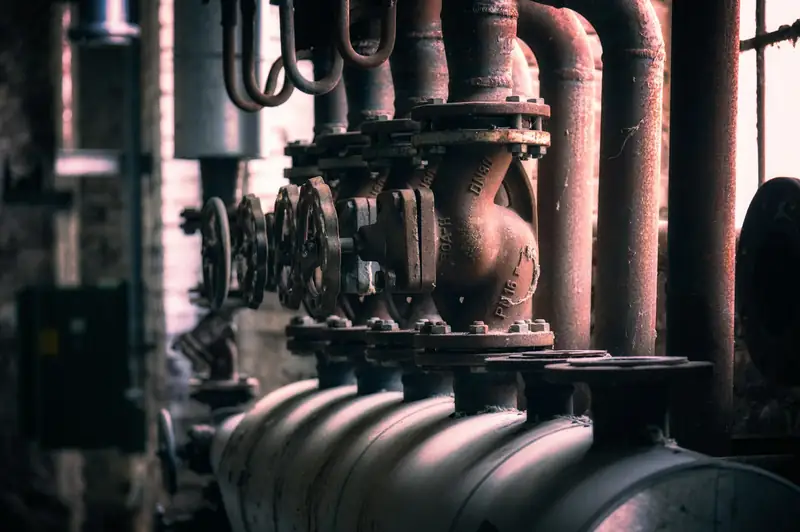A row of flanged iron valves along a header pipe in a boiler house, in low light.