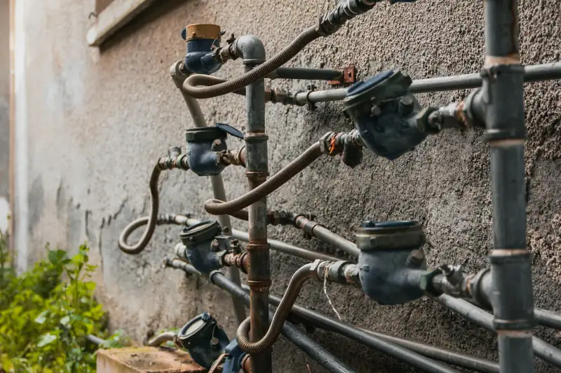 Several water meters, each on its own branch of grey pipe, bolted up the outside wall of a rendered building.